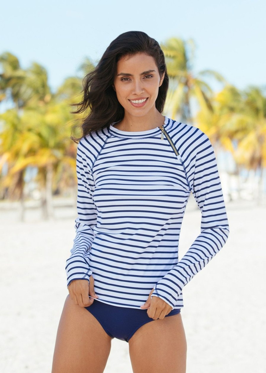 Women Cabana Life | Women'S Navy Stripe Zipper Rashguard | Upf 50+