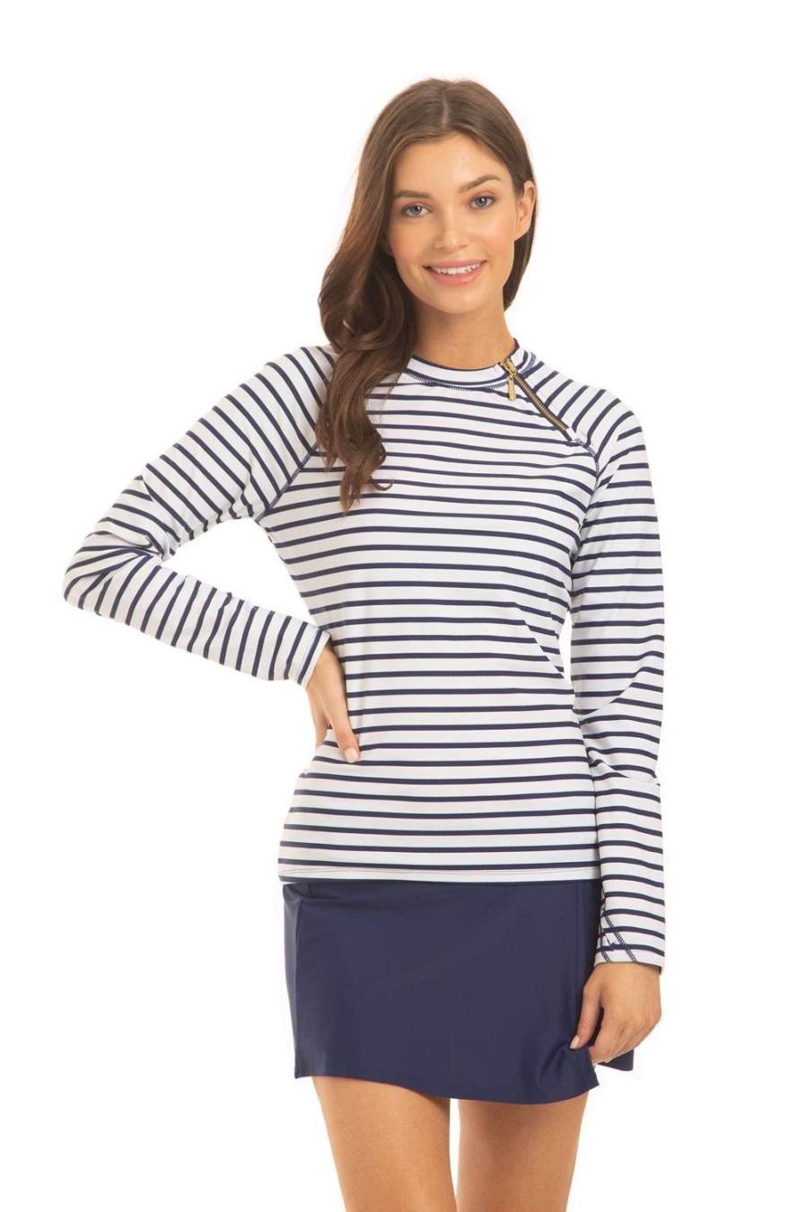 Women Cabana Life | Women'S Navy Stripe Zipper Rashguard | Upf 50+