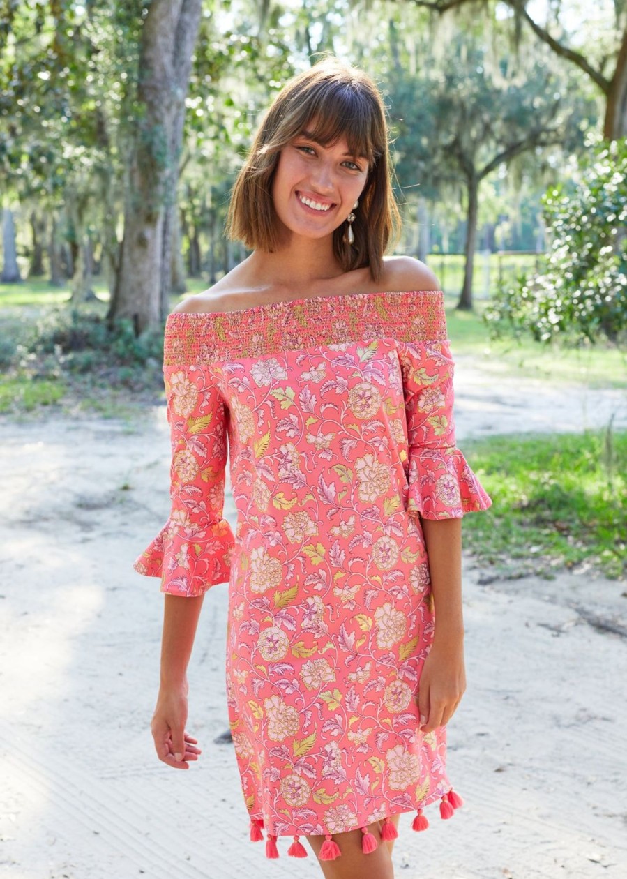 Women Cabana Life | Coral Metallic Off The Shoulder Dress