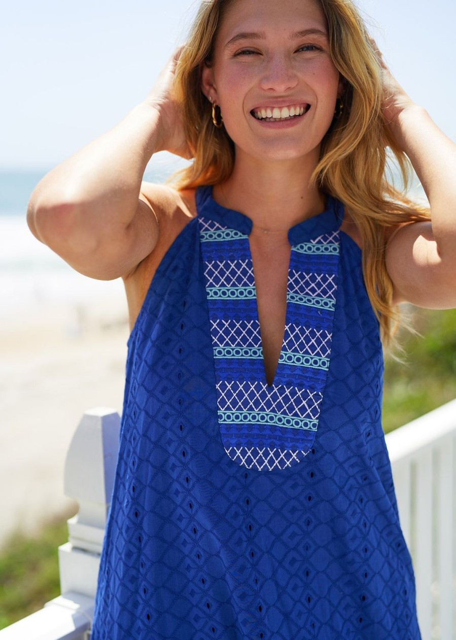 Women Cabana Life | Navy Embroidered Eyelet Halter Dress