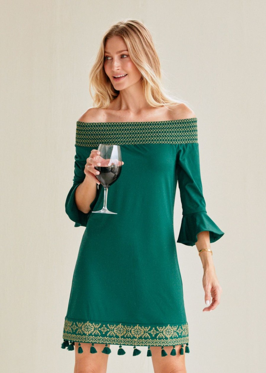 Women Cabana Life | Emerald Metallic Embroidered Off The Shoulder Dress